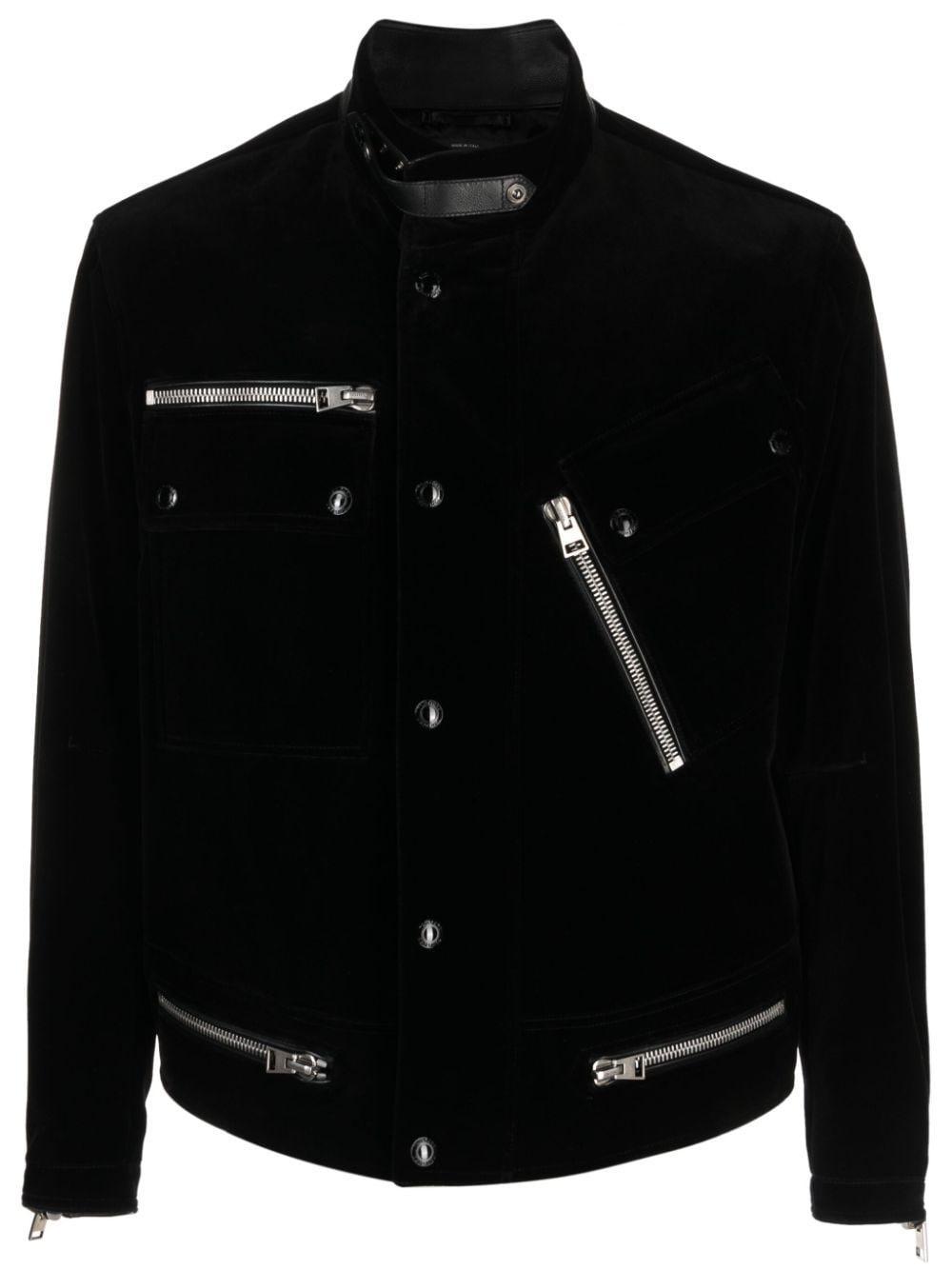 Leather-trimmed Cotton-velvet Biker Jacket In Black Product Image