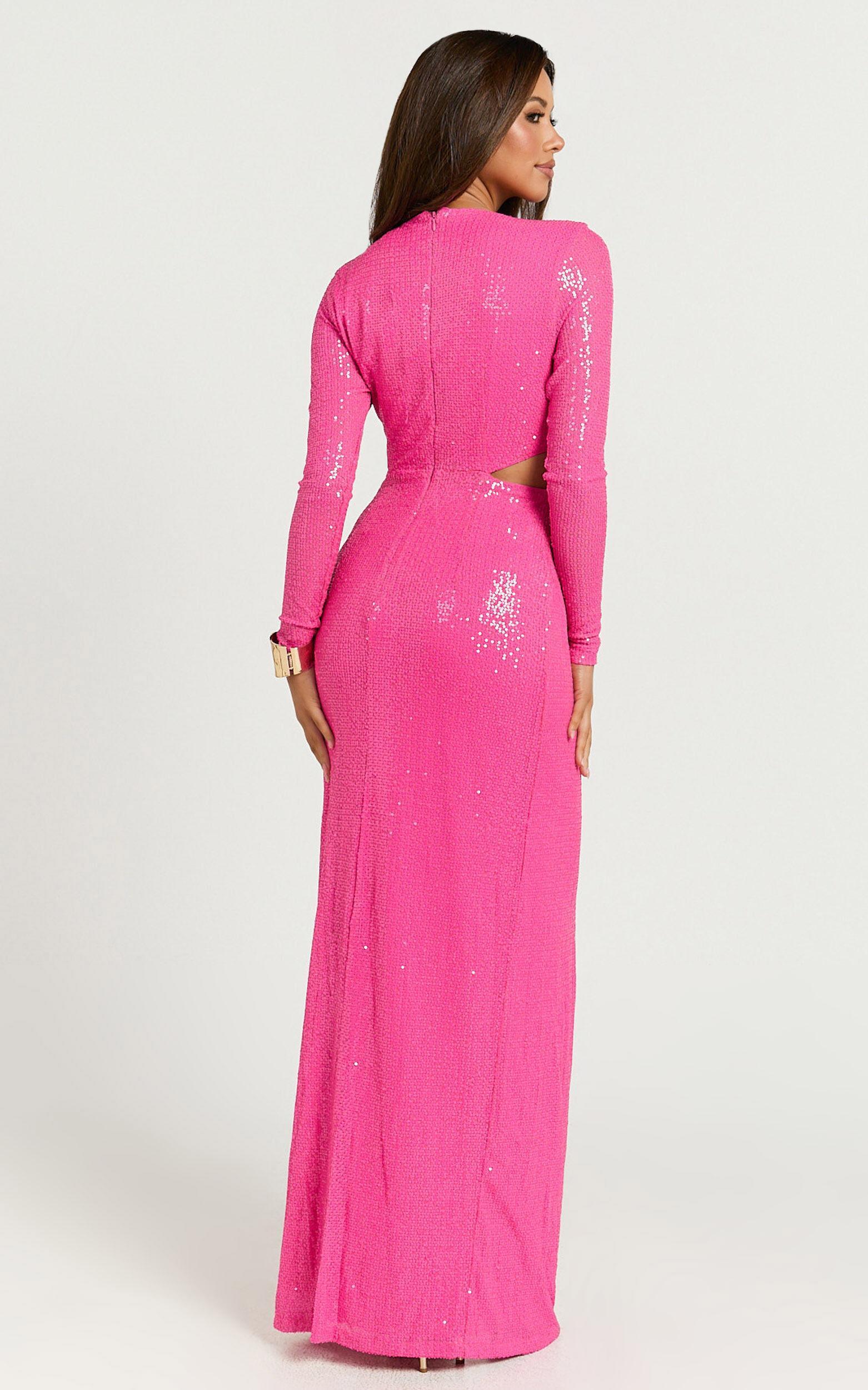 Nerissa Maxi Dress - Sequin Plunge Cut Out Thigh Split Dress in Hot Pink Product Image