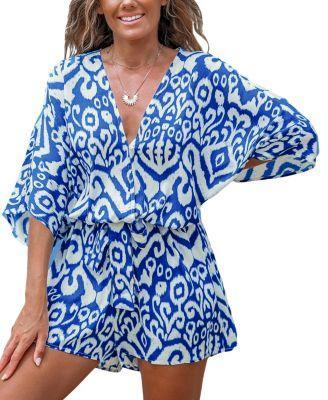 Cupshe Womens Blue Abstract V-Neck Wide Leg Romper Product Image