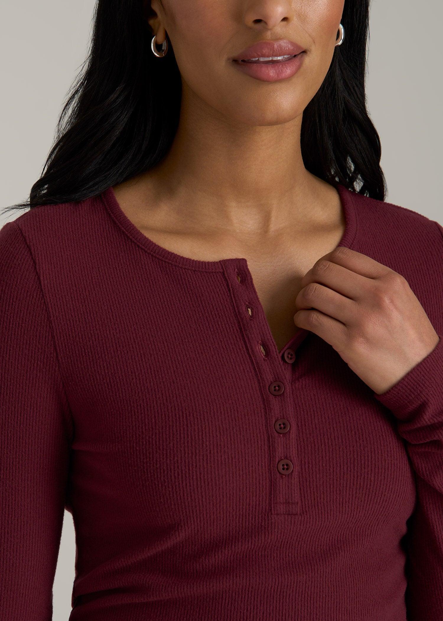 Long Sleeve Ribbed Crewneck Women's Tall Henley Shirt in Red Ochre Female Product Image