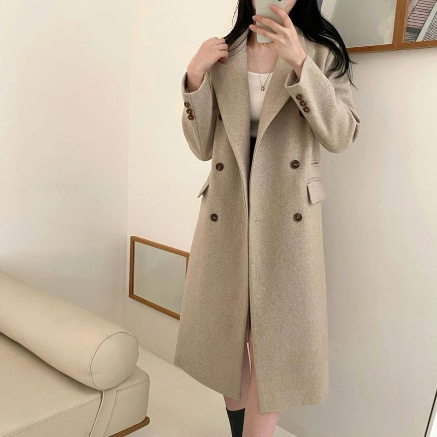 Peak Lapel Plain Midi Double Breasted Coat Product Image