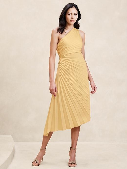 One-Shoulder Pleated Midi Dress Product Image