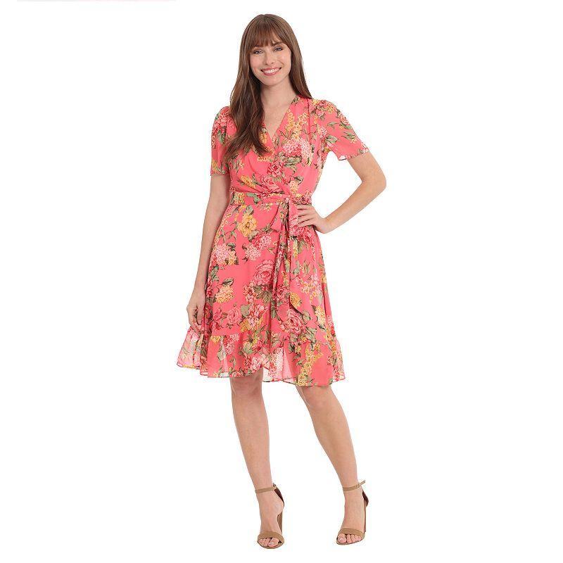 Womens London Times Floral Ruffle Faux-Wrap Mini Dress Pink Product Image