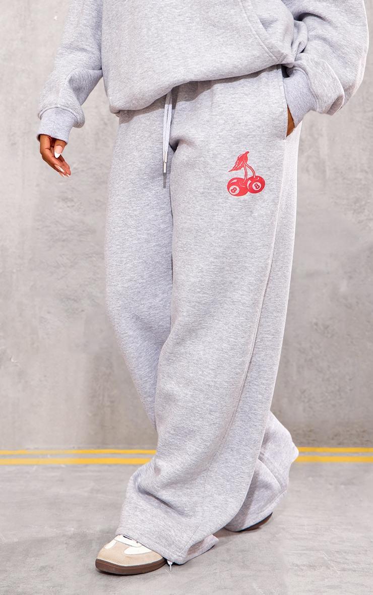 Grey Marl Cherry Print Oversized Wide Leg Joggers Product Image