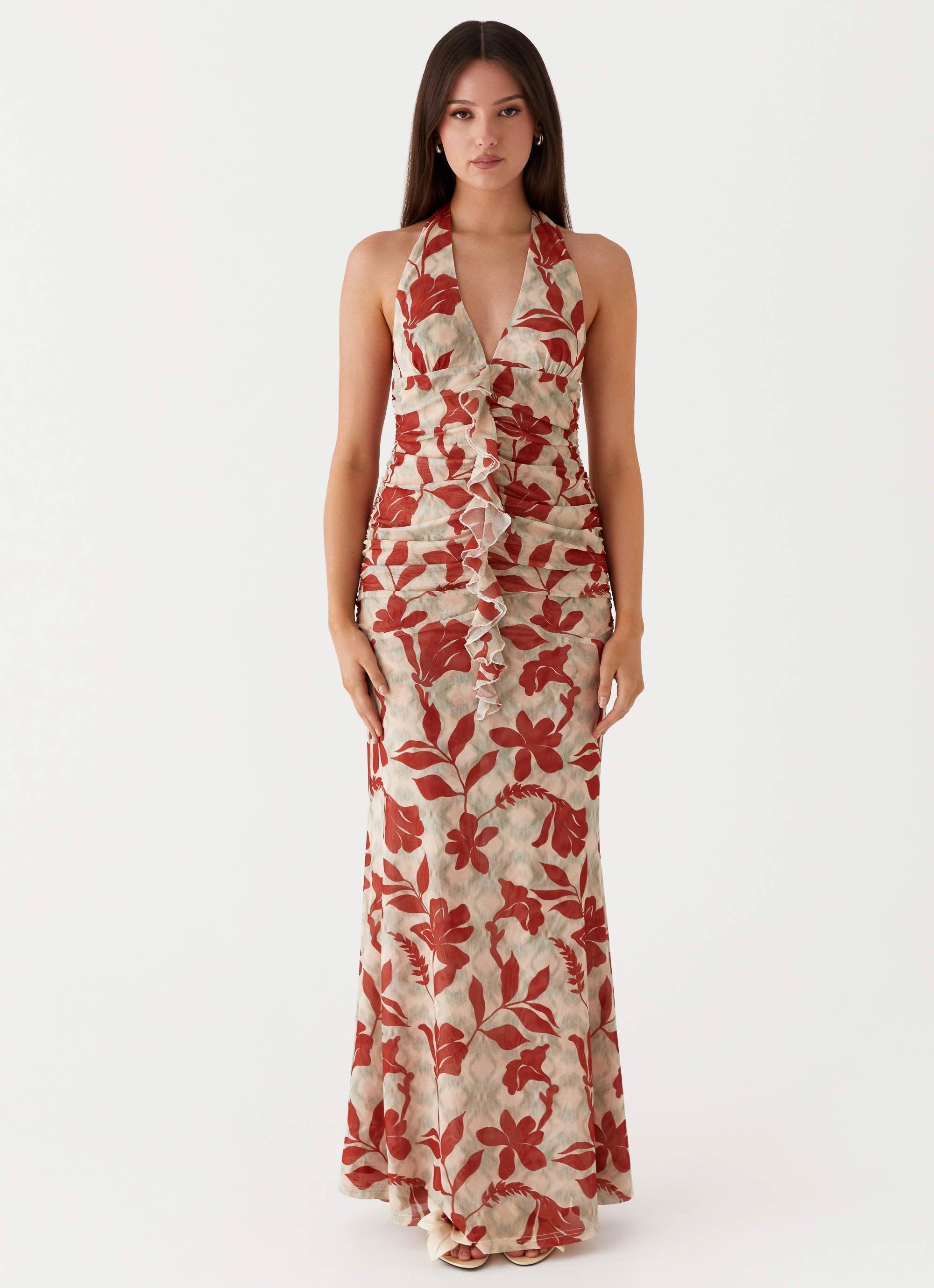 Ardenia Halter Maxi Dress - Red Green Floral Product Image