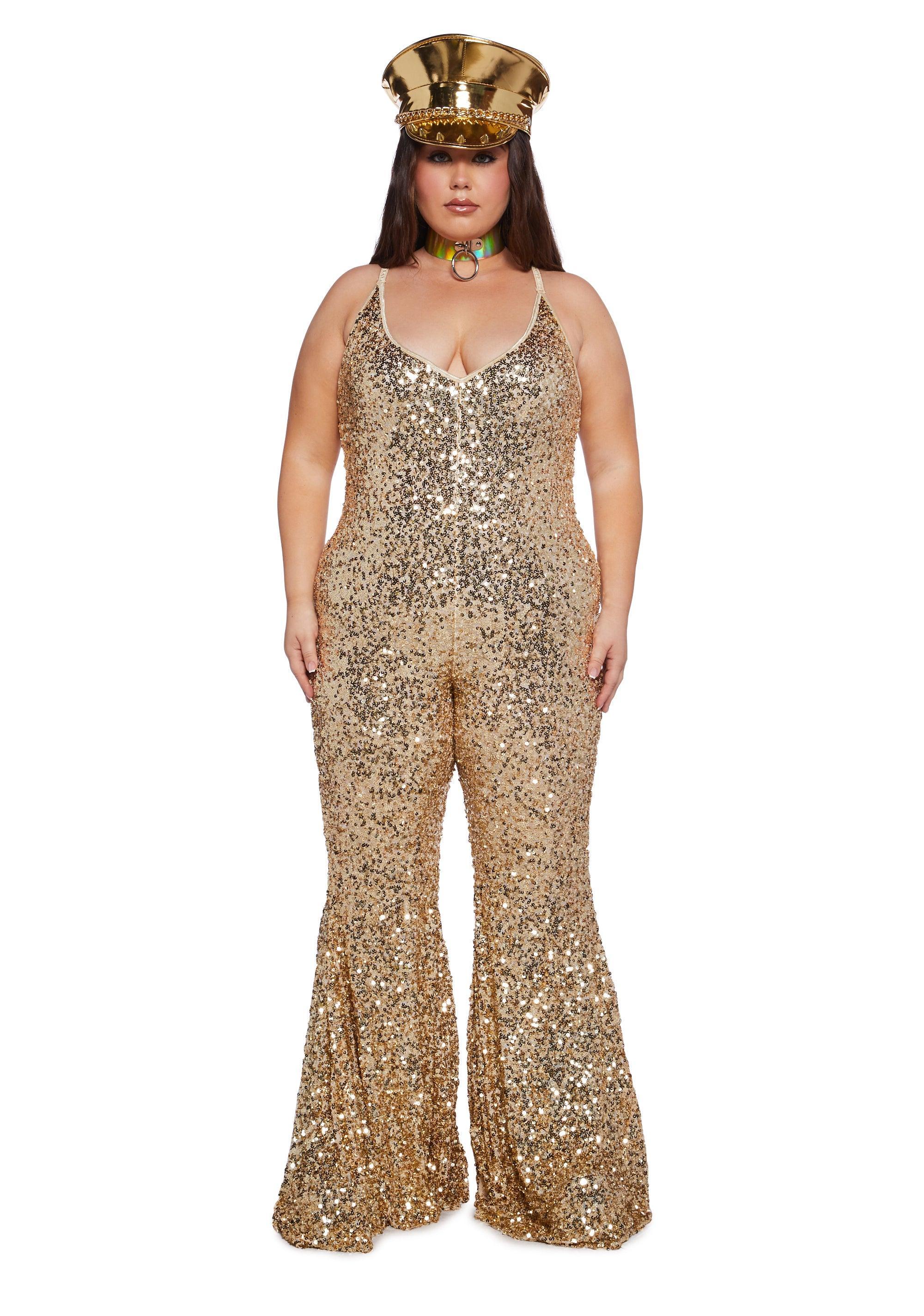 Plus Size Club Exx Burning Man Festival Sequin Glitter Jumpsuit Burning Man- Gold Product Image