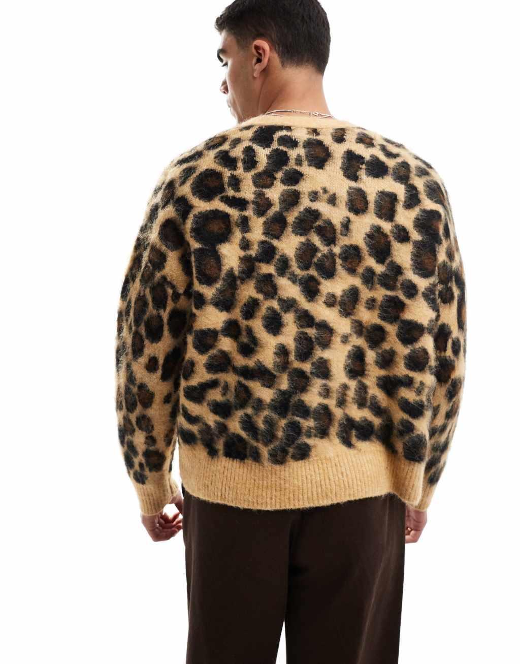 Bershka leopard knit cardigan in beige  Product Image