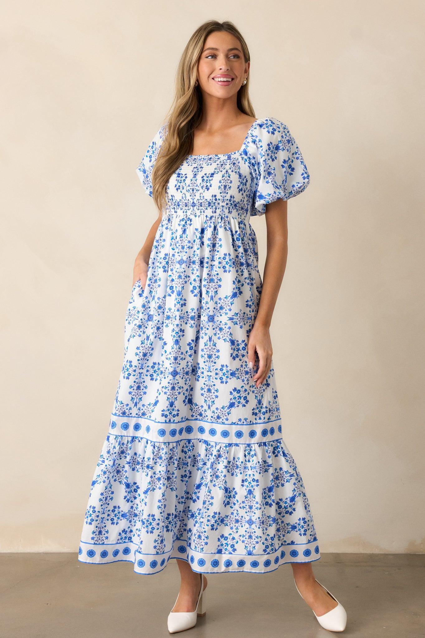 Rosewater Skies Cotton Royal Blue Floral Maxi Dress Product Image