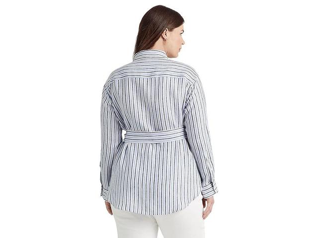 LAUREN Ralph Lauren Plus Size Striped Belted Linen Shirt (Blue/White Multi) Women's Clothing Product Image