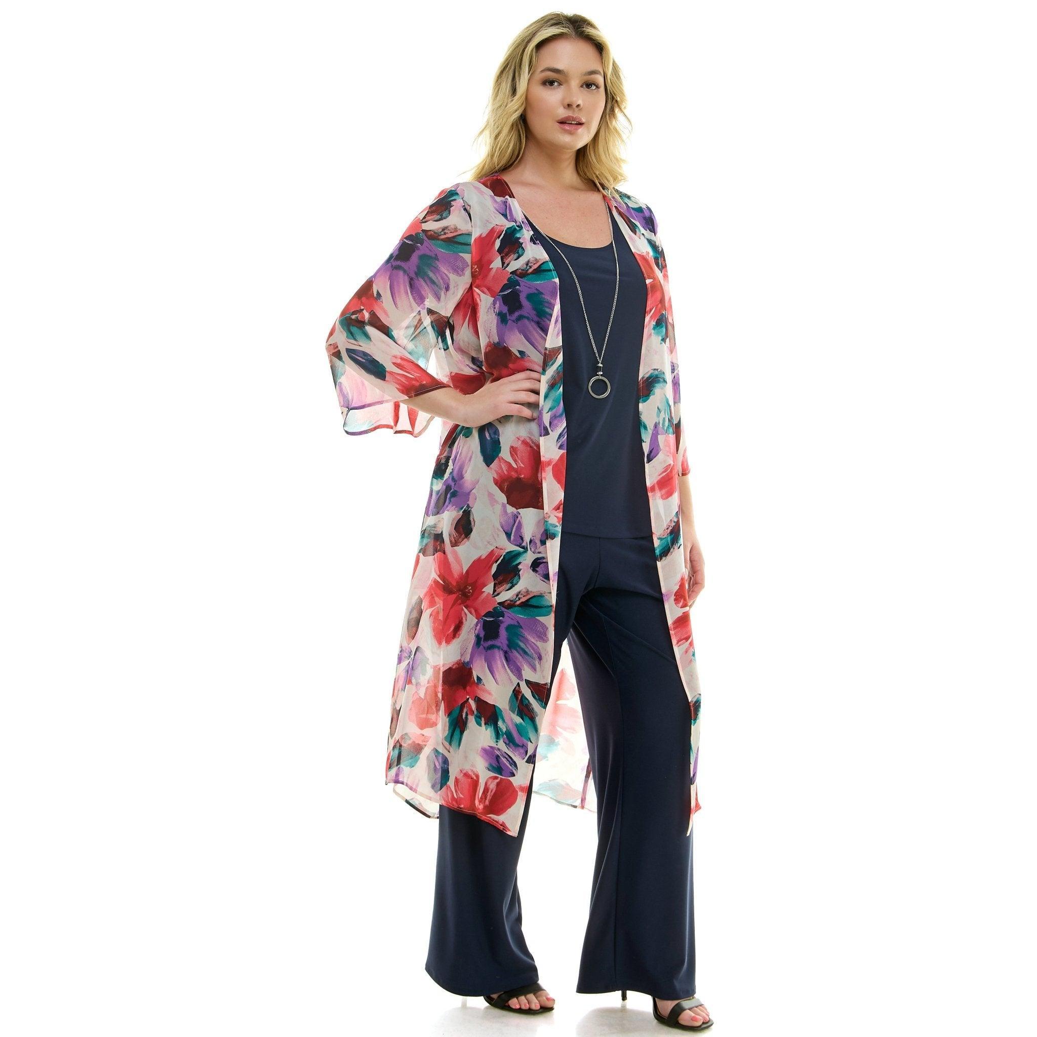 Sara Michelle Floral 3/4 2Fer Duster W/ Necklace And Elastic Pull On Pant - Plus Product Image