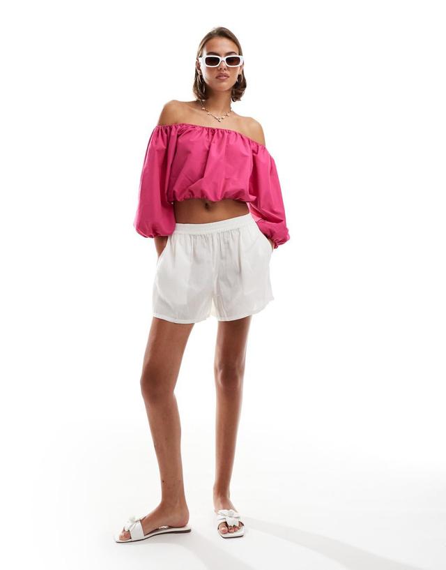 JDY off the shoulder balloon sleeve top in pink Product Image