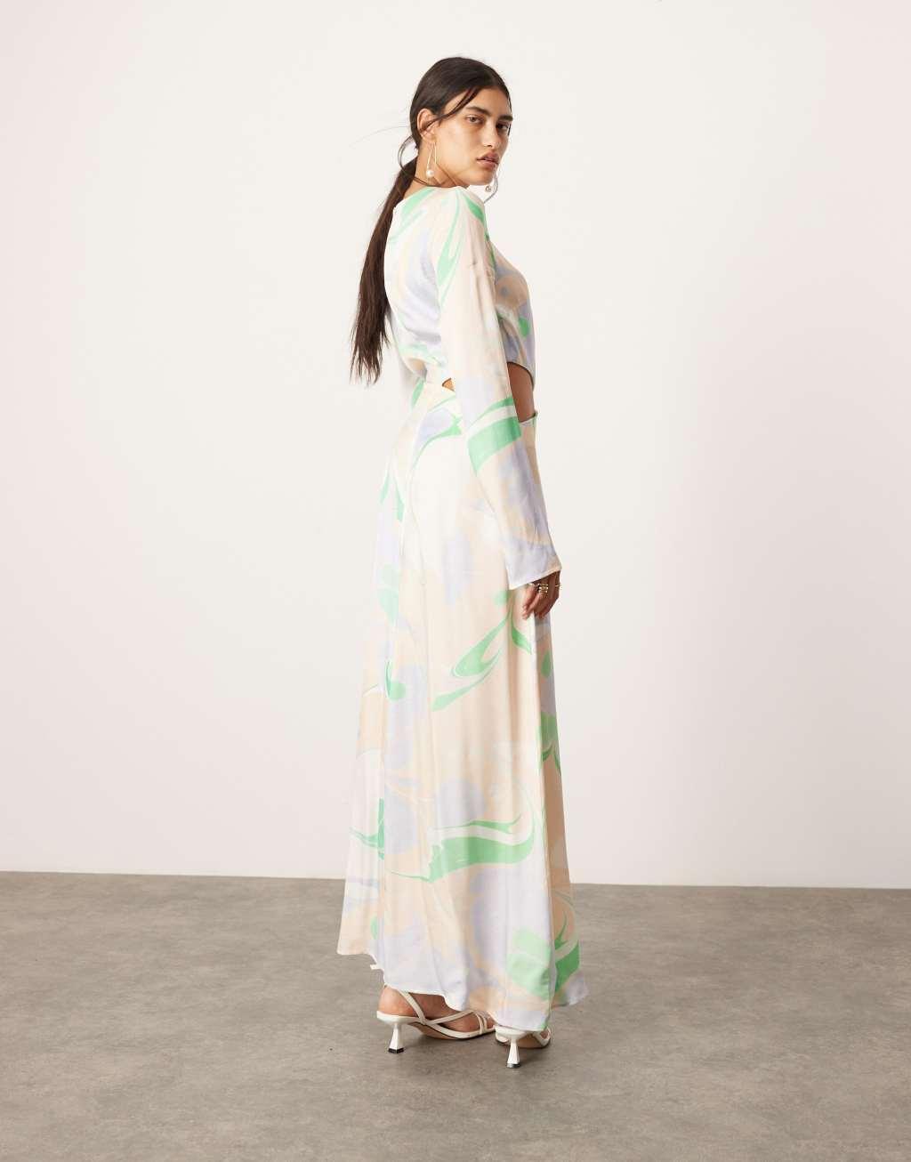 ASOS EDITION satin long sleeve cut-out midi dress in multi swirl print Product Image