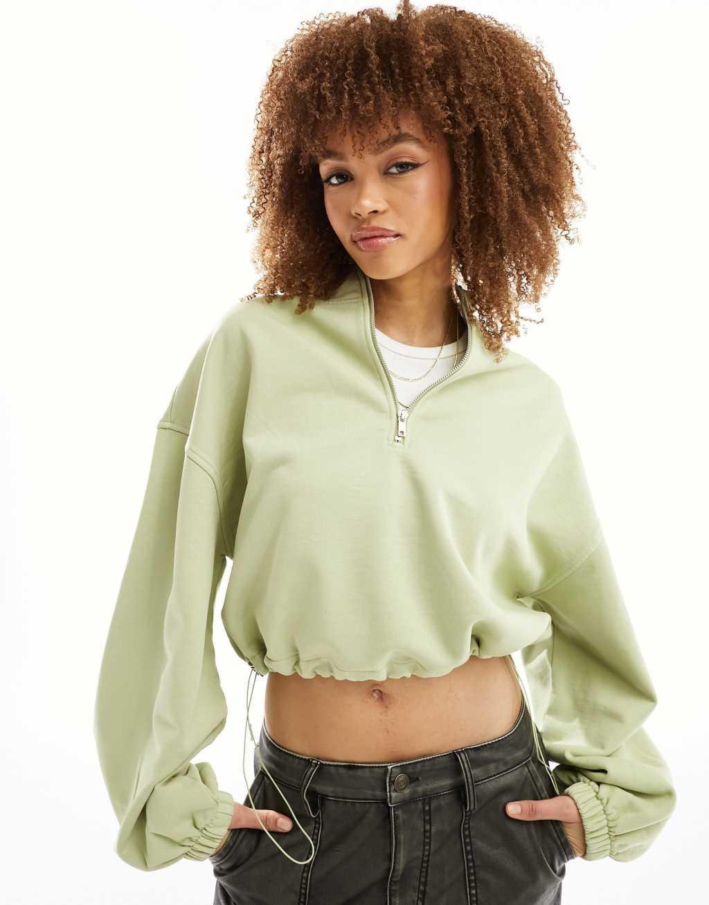 ASOS DESIGN heavyweight half zip sweatshirt in washed khaki Product Image