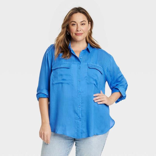 Womens Long Sleeve Chiffon Button-Down Shirt - Ava & Viv Blue 2X Product Image