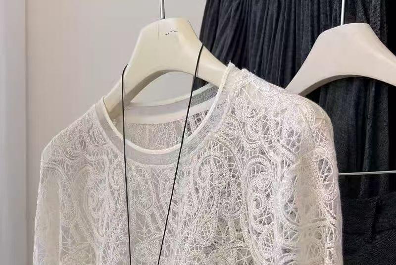 Long Sleeve Round Neck Floral Lace Top Product Image