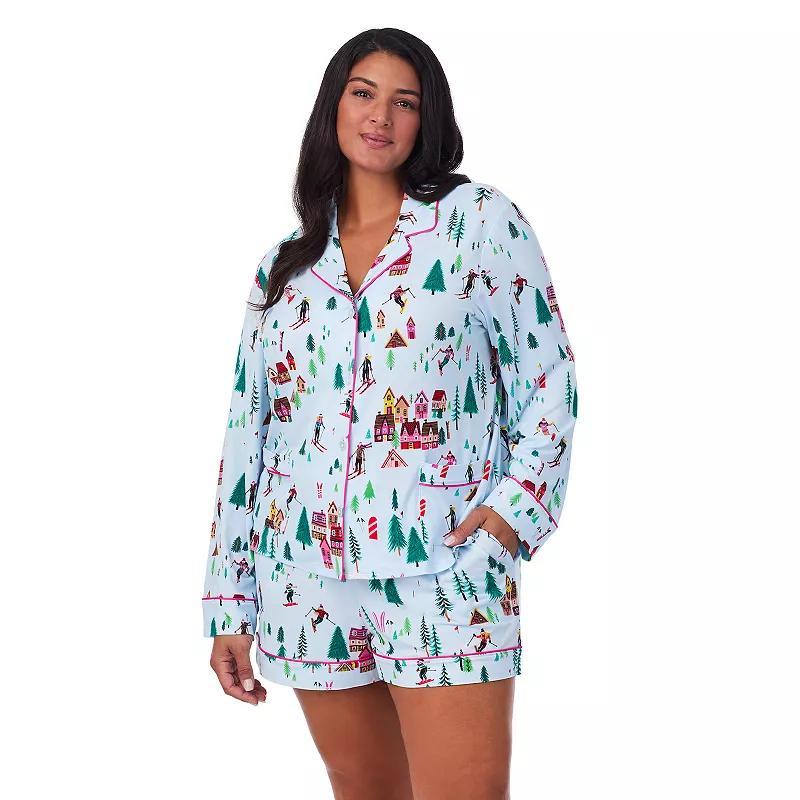 Plus Size Beauty Sleep Social Jersey Long Sleeve Notch Pajama Top & Pajama Boxers Set, Womens Product Image