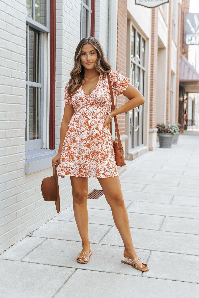 Orange Floral Print Smocked Mini Dress - FINAL SALE Product Image