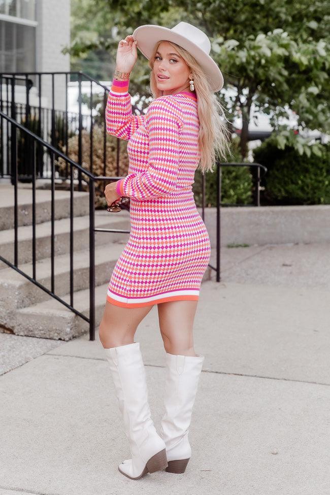 Just Watch Me Pink and Orange Argyle Printed Sweater Mini Dress FINAL SALE Product Image