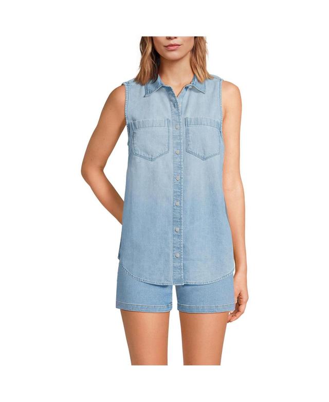 Womens Lands End Sleeveless Denim Button Down Shirt Light Wash Blue Product Image