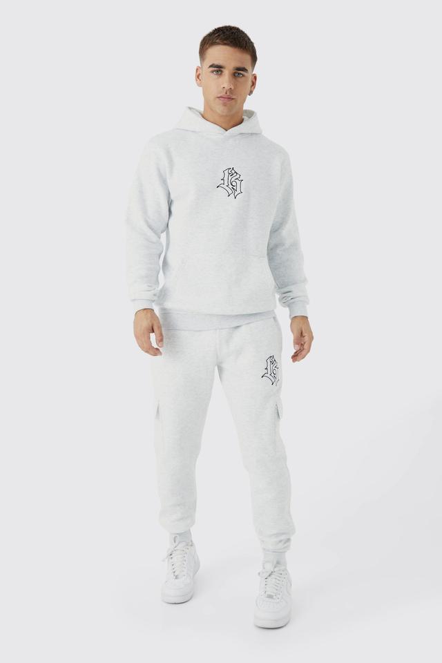 Mens Grey Slim Fit Embroidered Cargo Tracksuit, Grey Product Image