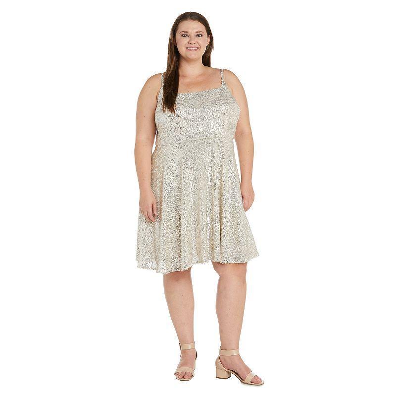 Juniors Plus Size Morgan and Co Sequin Fit & Flare Dress, Womens Beige Product Image