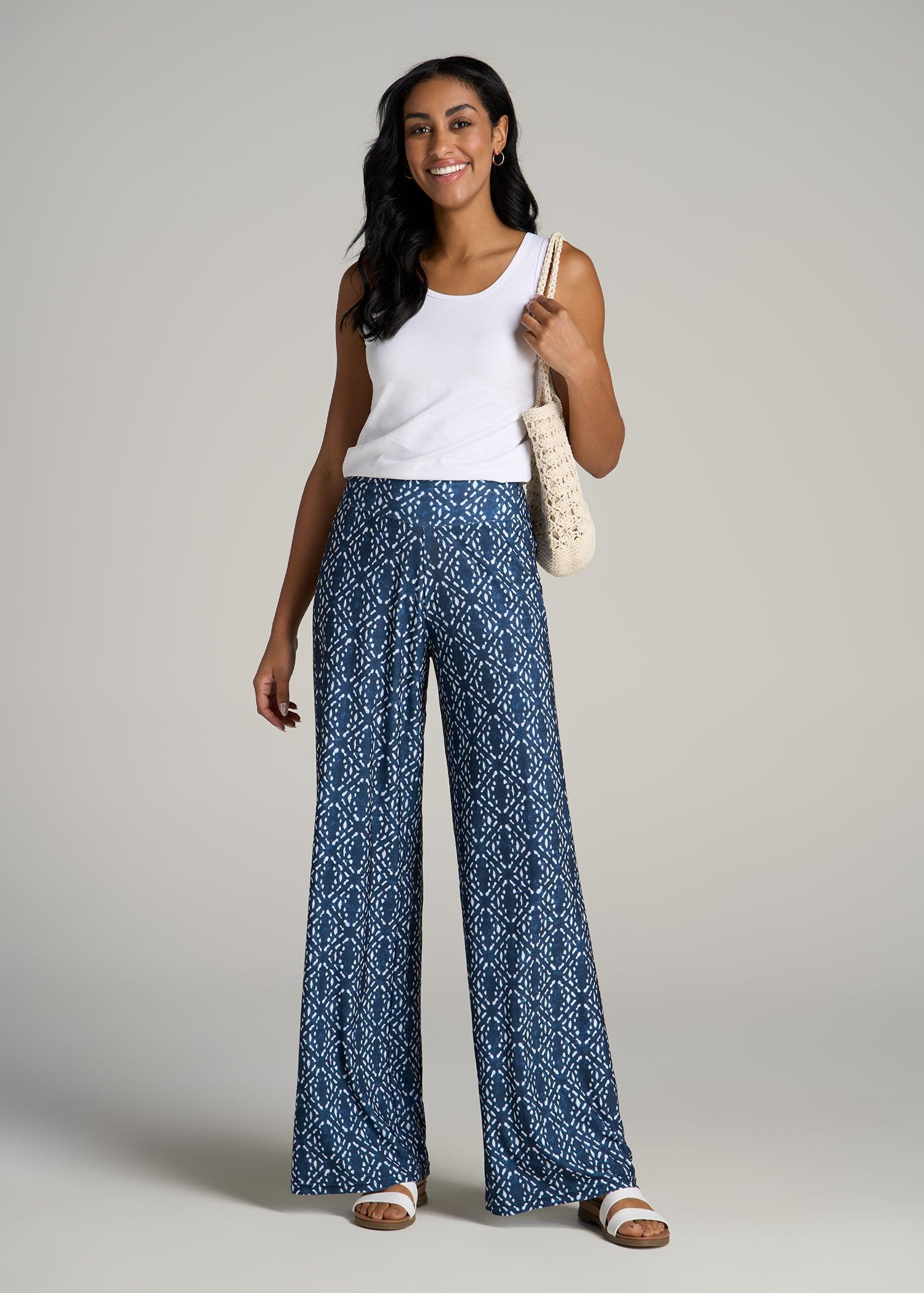 Pull On Breezy Wide Leg Pants for Tall Women in Indigo Tribal Print Female Product Image