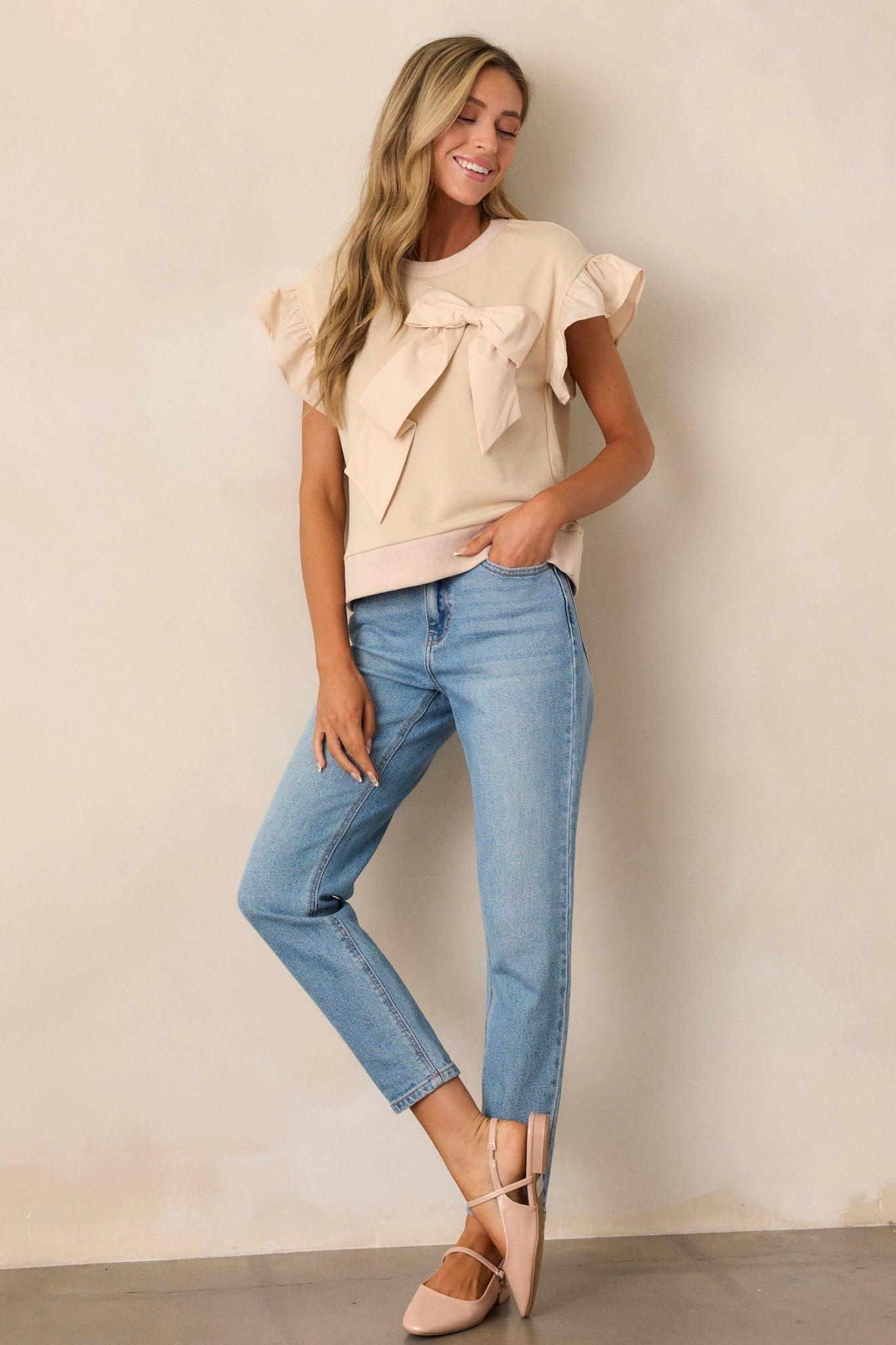 Can't Stop Me Beige Ruffle Sleeve Bow Top Product Image