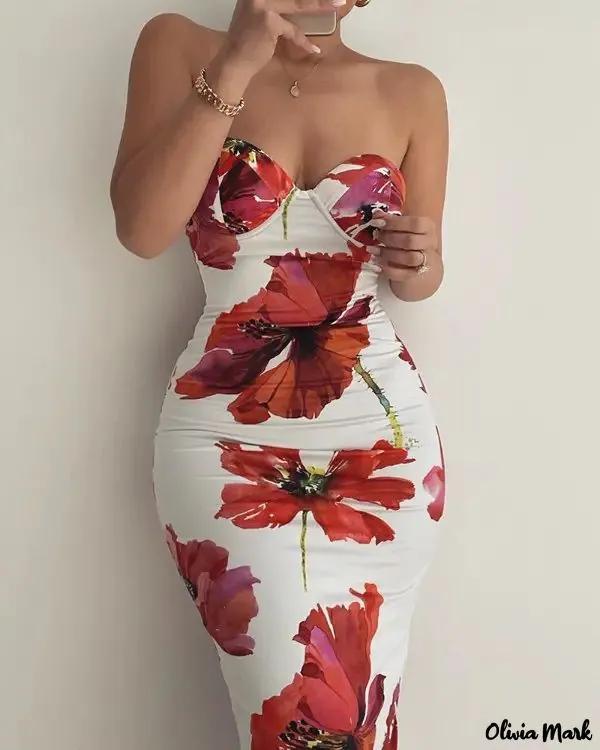 Olivia Mark – Floral Print Bandeau Evening Dress Product Image