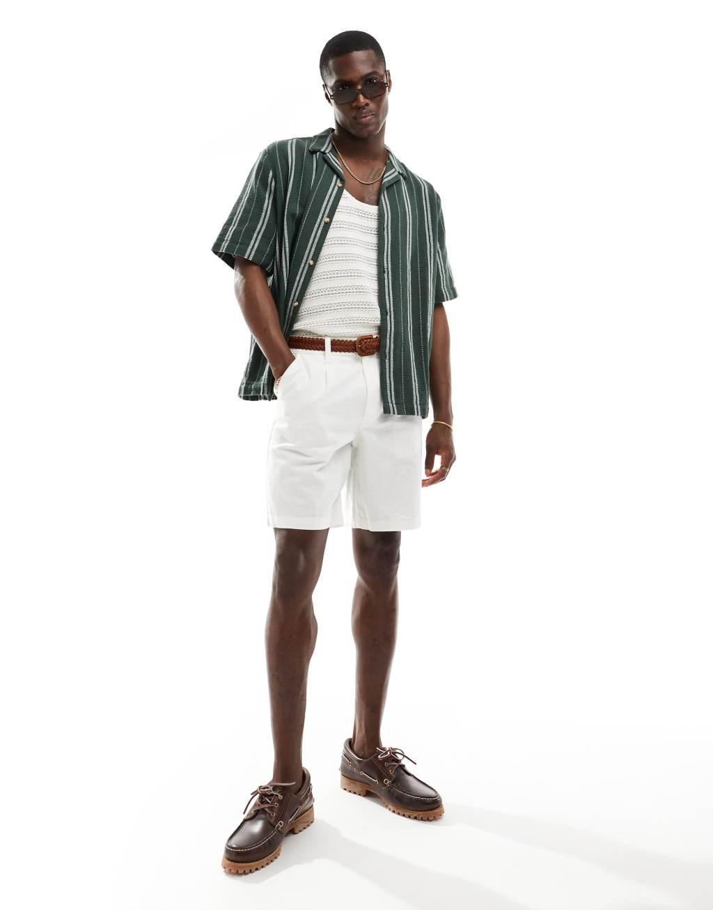 ASOS DESIGN boxy relaxed camp collar shirt in green basket stripe Product Image