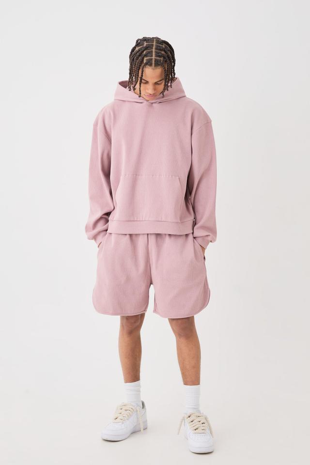 Mens Pink Oversized Boxy Heavyweight Ribbed Short Tracksuit, Pink Product Image