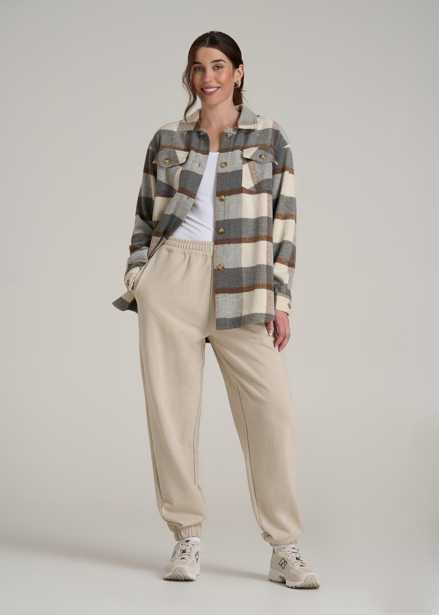 Flannel Women's Tall Shacket in Grey and Cream Plaid Female Product Image