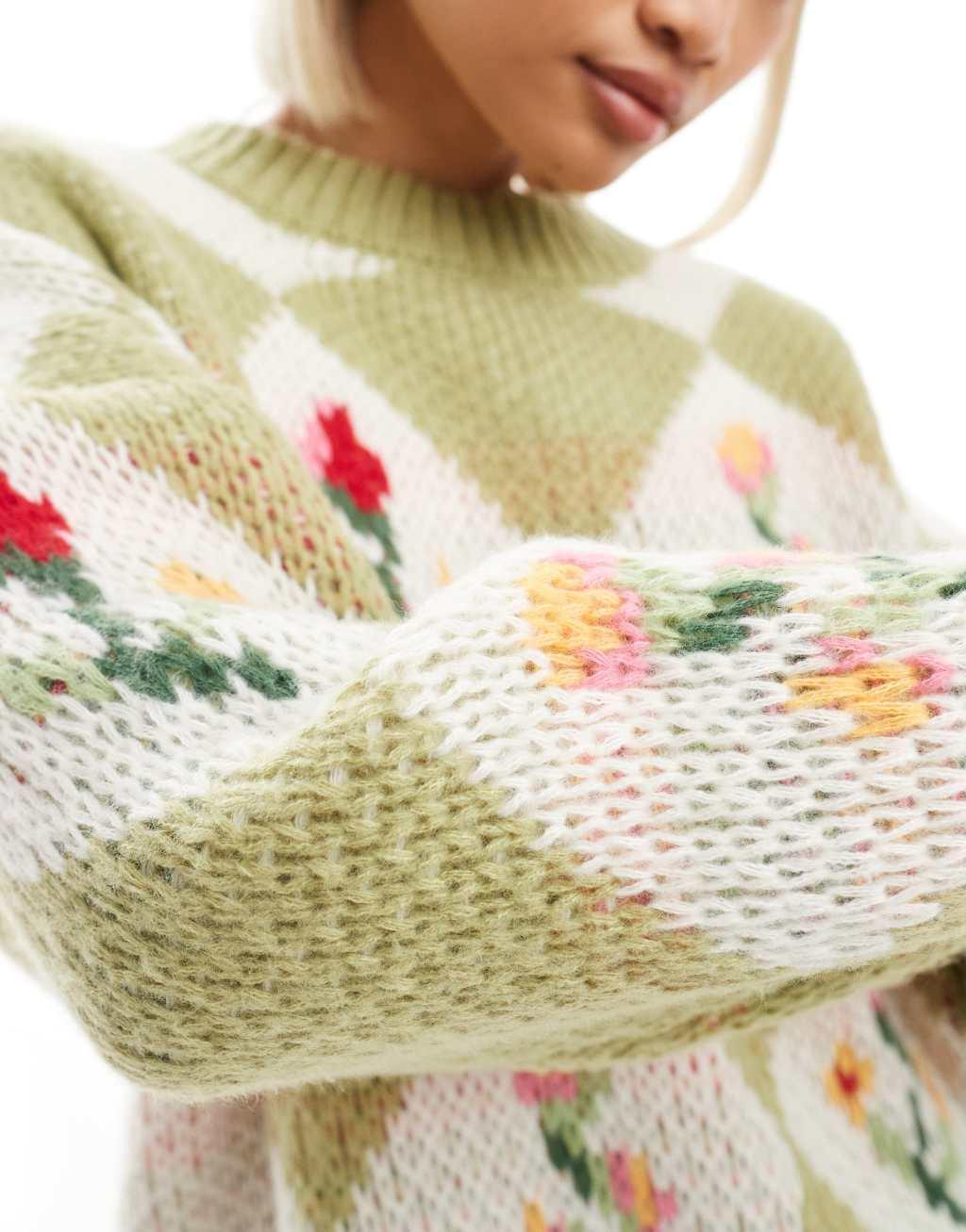 Bailey Rose chunky knit sweater in spring floral green Product Image