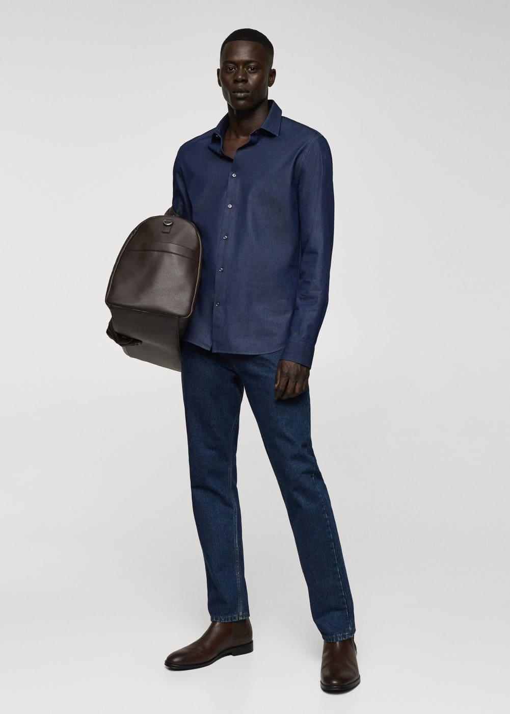 MANGO MAN - Slim-fit chambray cotton shirt dark blueMen Product Image