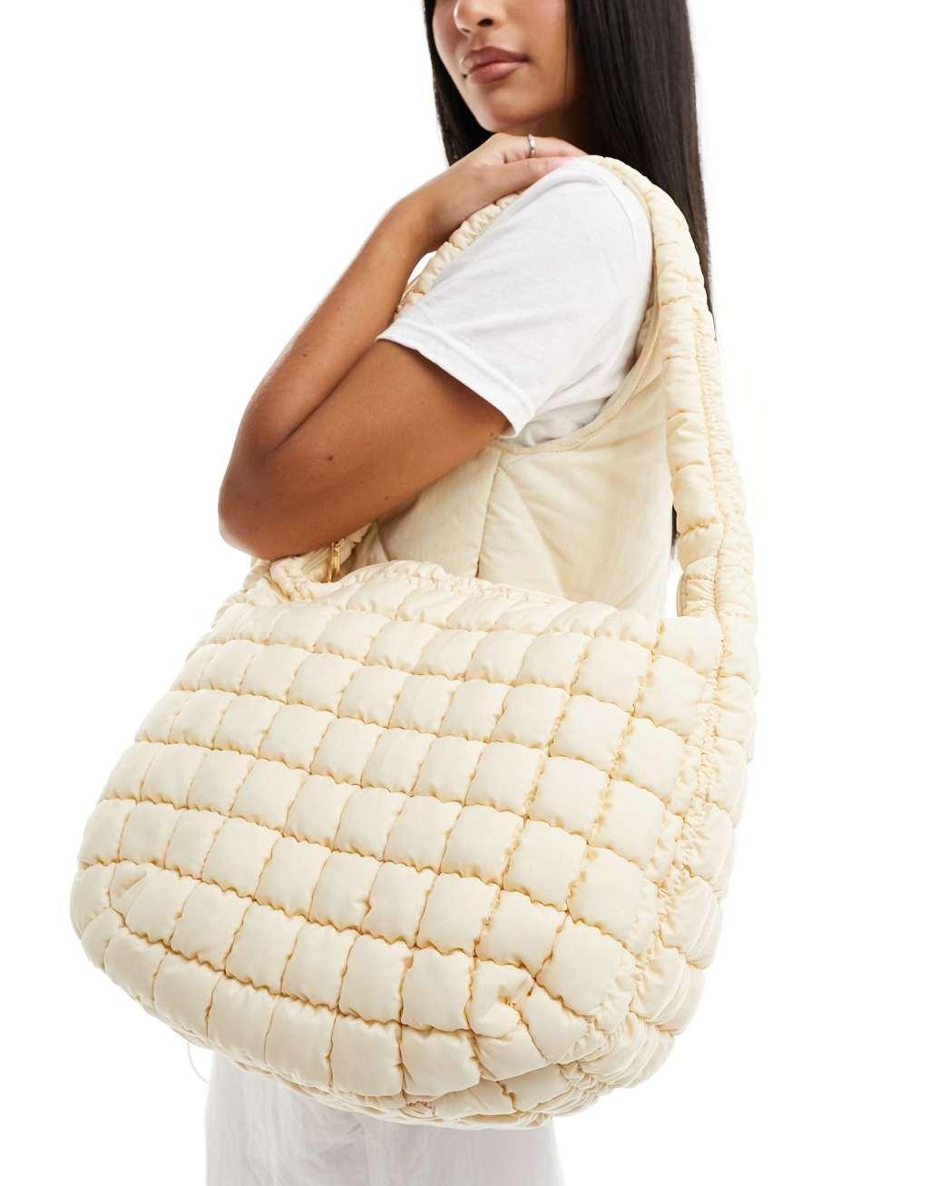 Glamorous oversized padded shoulder bag in cream nylon Product Image