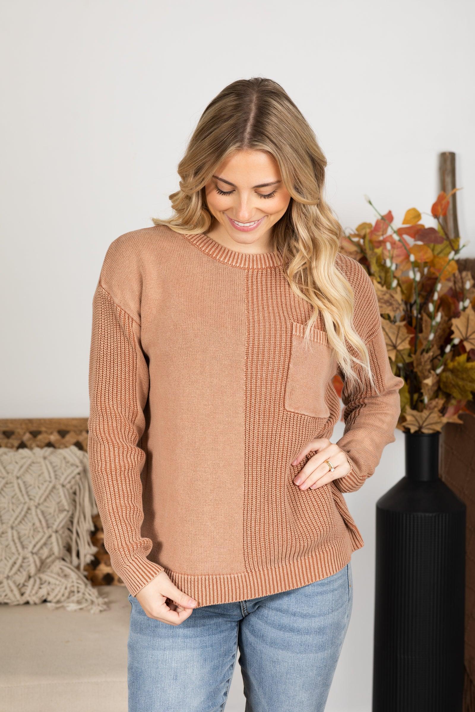 Washed Waffle Knit Sweater With Pocket Product Image