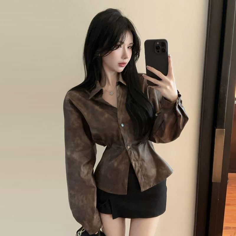 Long Sleeve Collared Washed Faux Leather Shirt Product Image