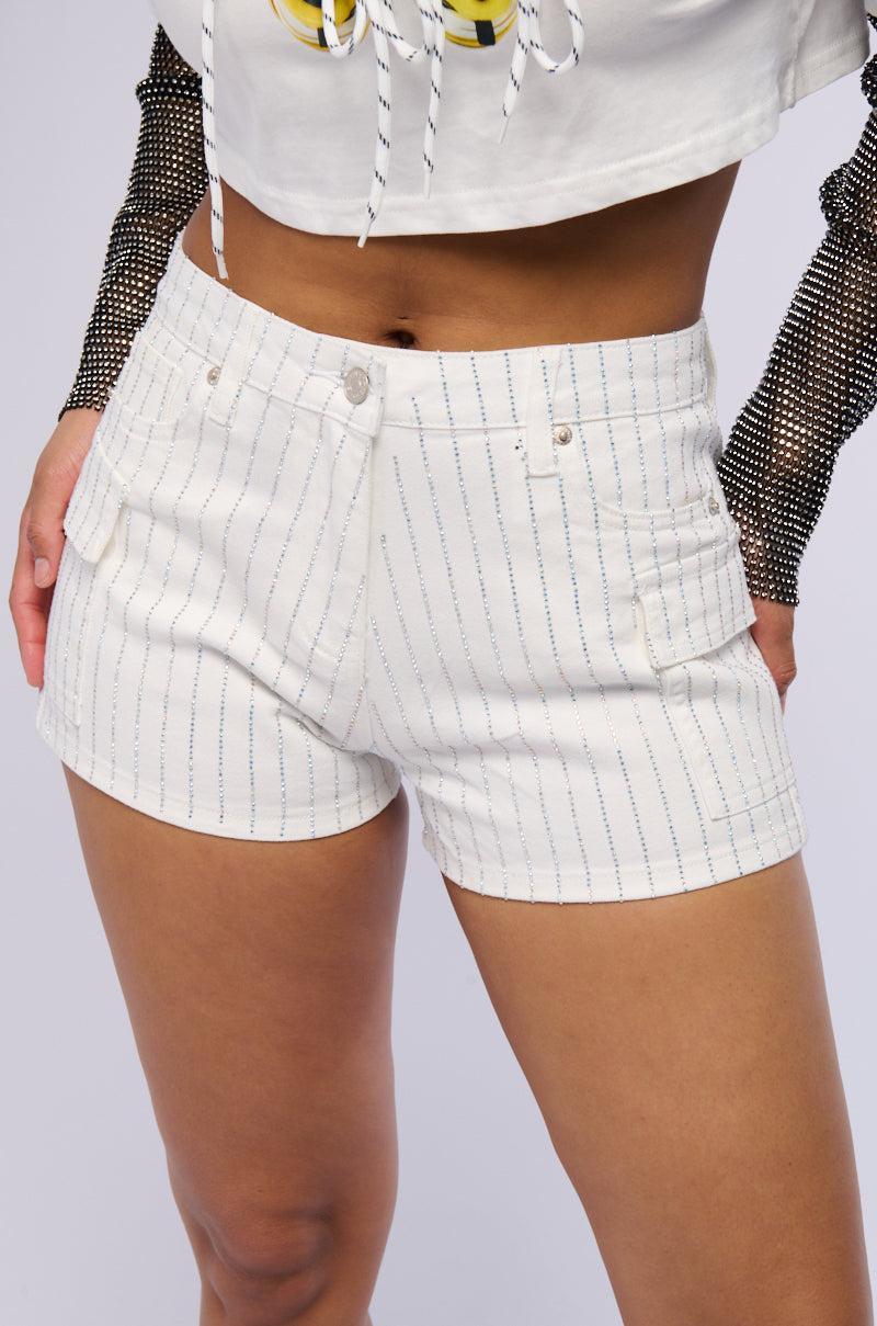 BRITTNI RHINESTONE CARGO DENIM SHORT IN WHITE Product Image