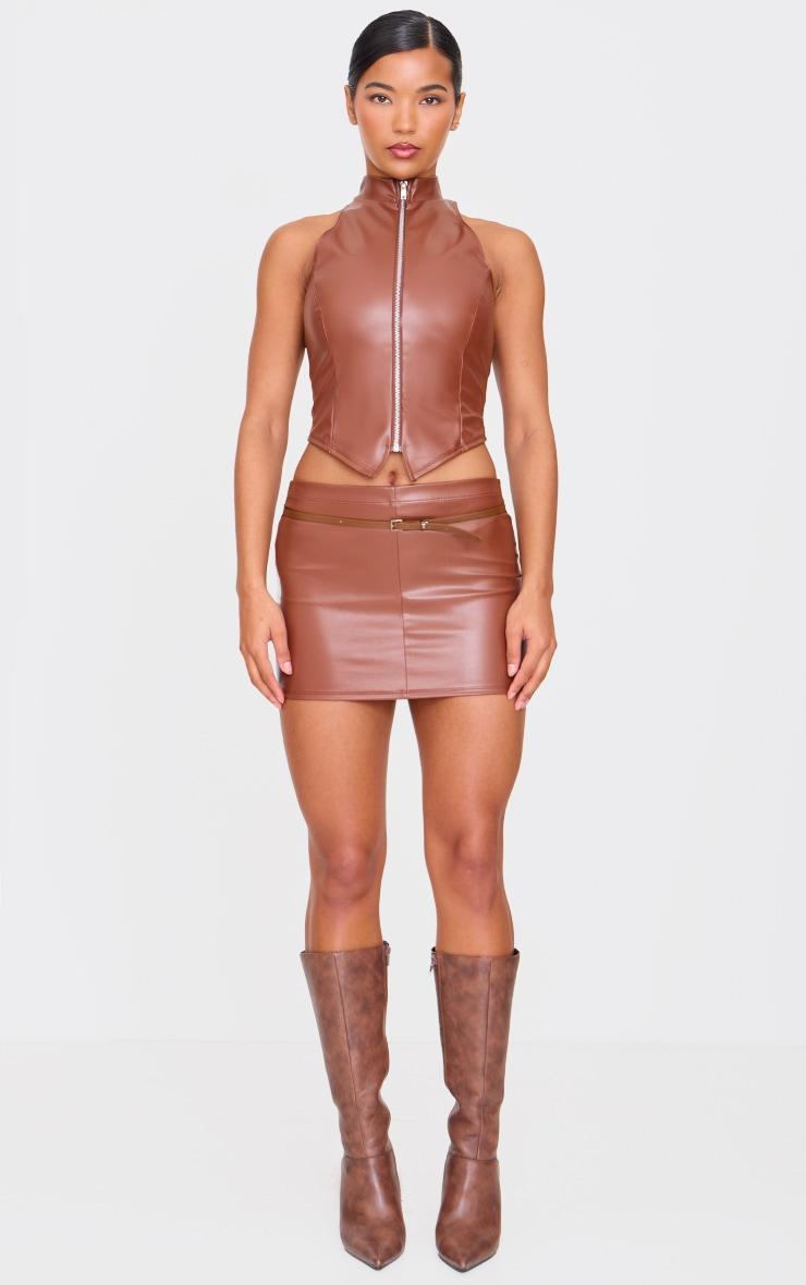 Brown Faux Leather Zip Up High Neck Top Product Image