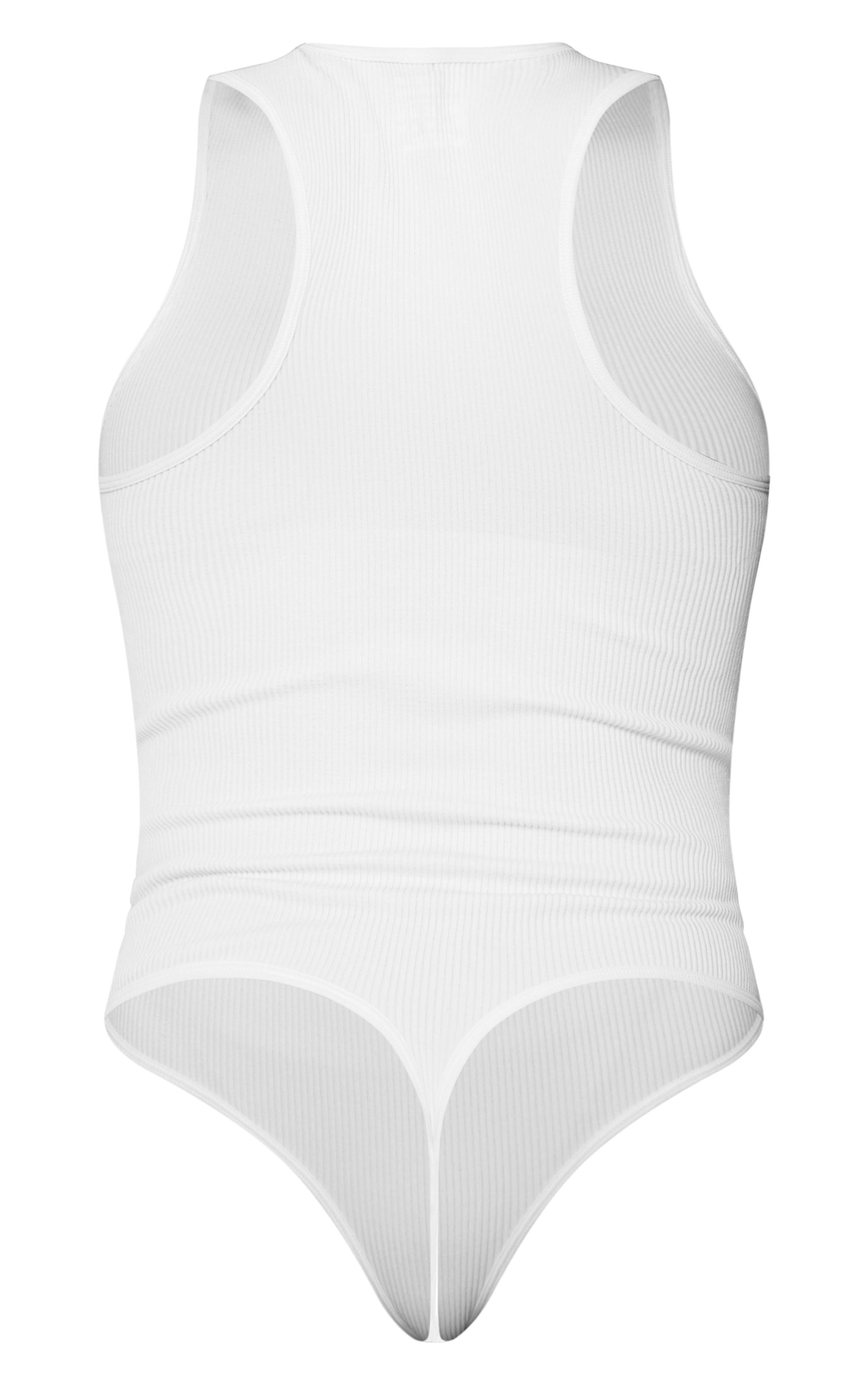 White Structured Contour Racer Neck Ribbed Bodysuit Product Image