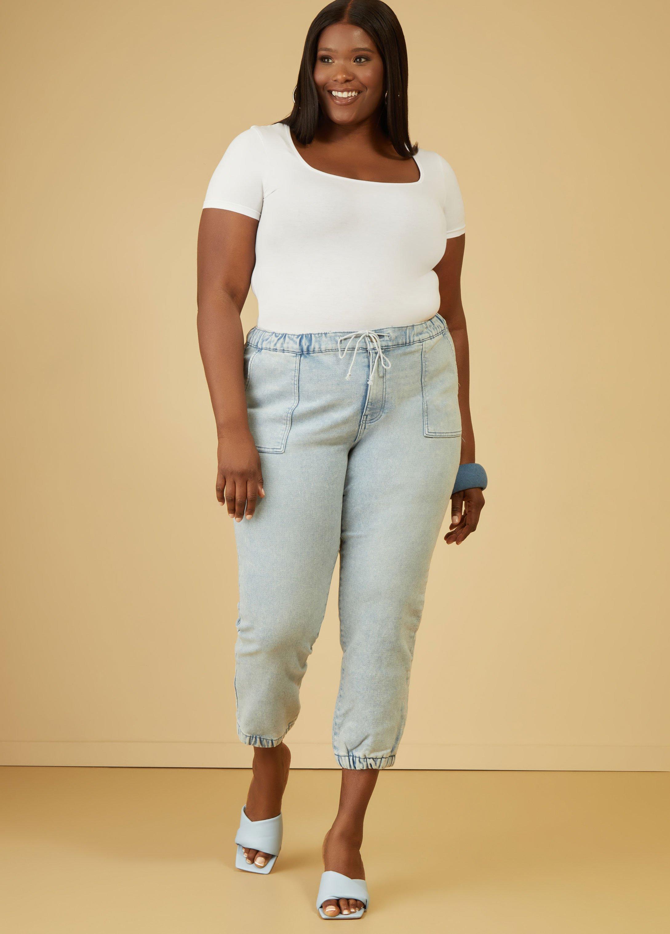 Plus Size Cropped Drawstring Denim Joggers Ashley Stewart Product Image