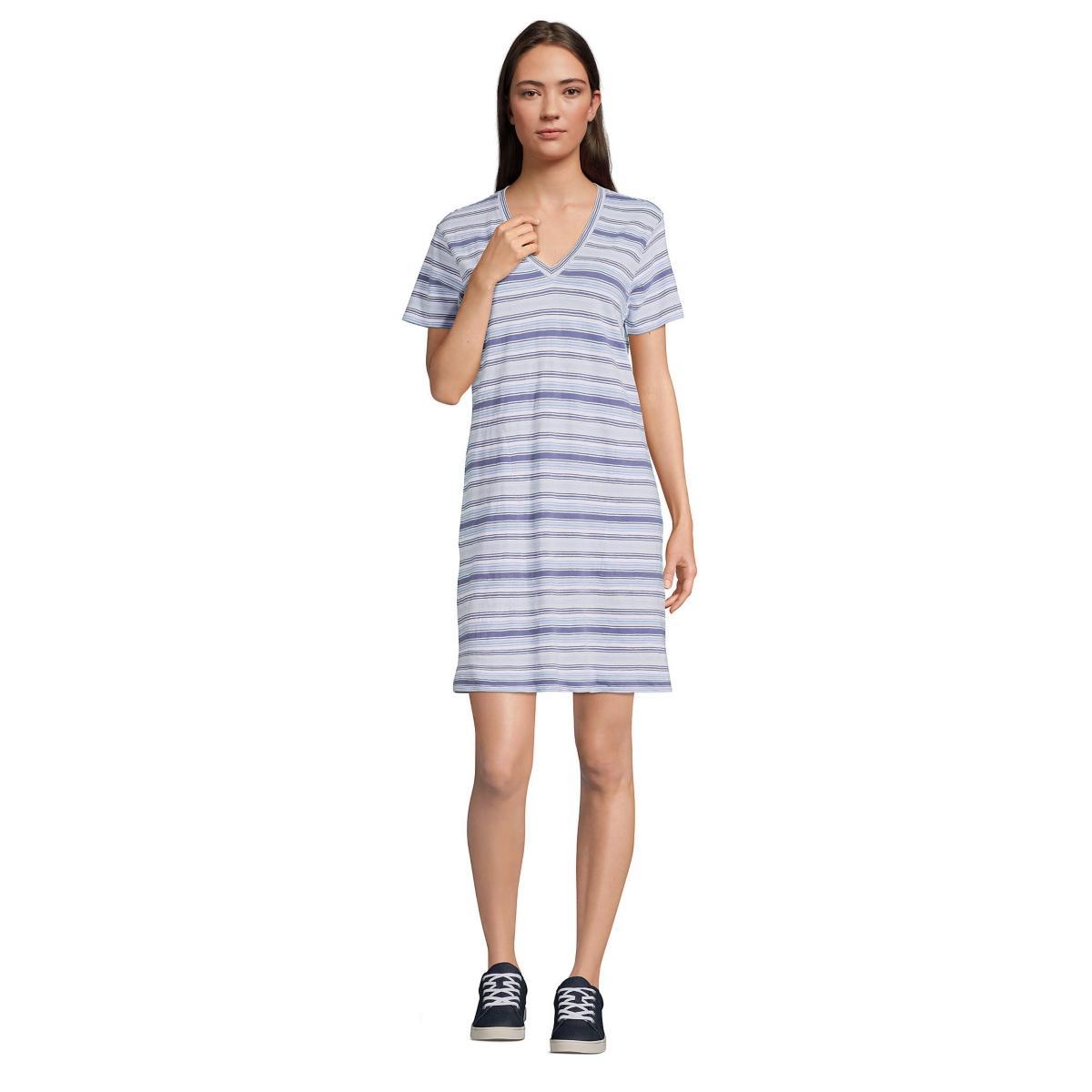 Petite Lands End V Neck Above Knee T-Shirt Dress, Womens Blue Striped Stars Product Image