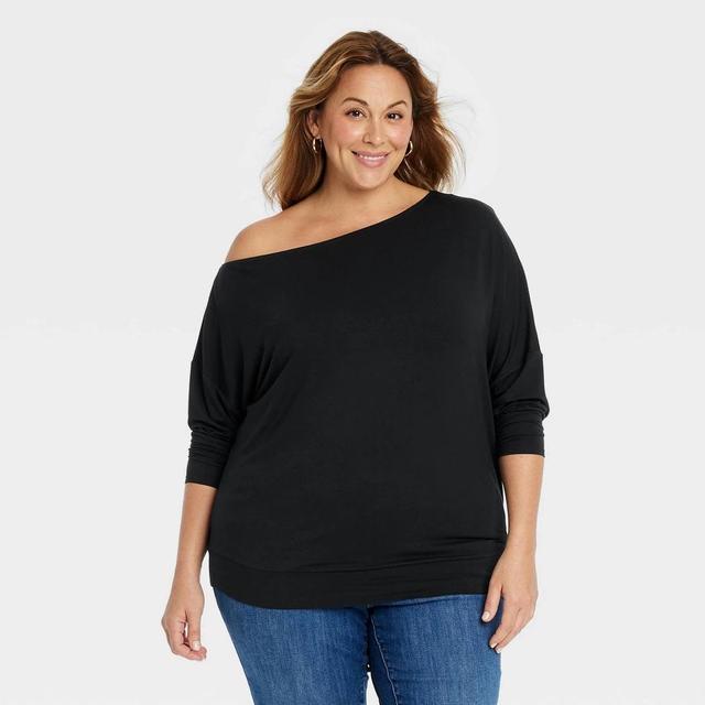 Womens Long Sleeve Asymmetrical Knit Top - Ava & Viv Black 3X Product Image