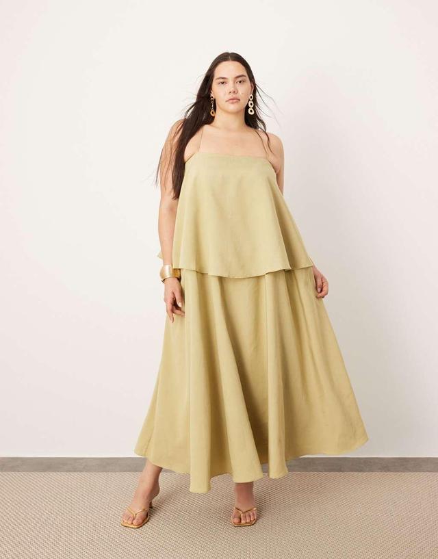 ASOS EDITION Curve strappy square neck maxi dress with pockets and dramatic drape detail in olive green Product Image