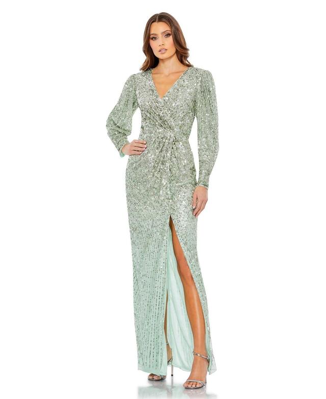 Mac Duggal Womens Embellished Faux Wrap Puff Sleeve Gown Product Image