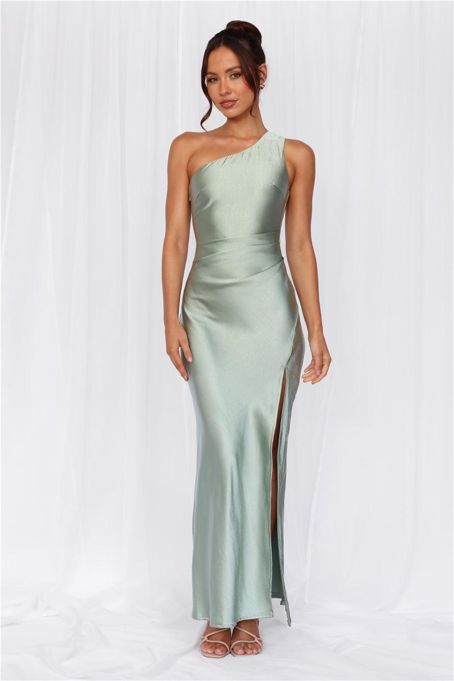 HELLO MOLLY The Aurora One Shoulder Satin Maxi Dress Sage Product Image