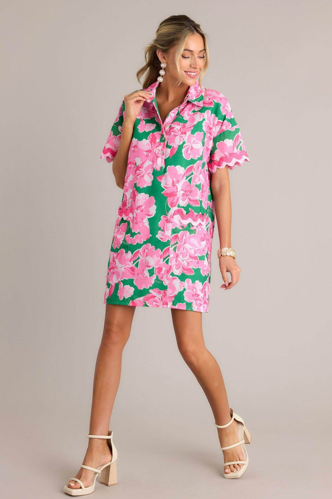 Seaside Serenity Green Multi Floral Mini Shirt Dress Product Image