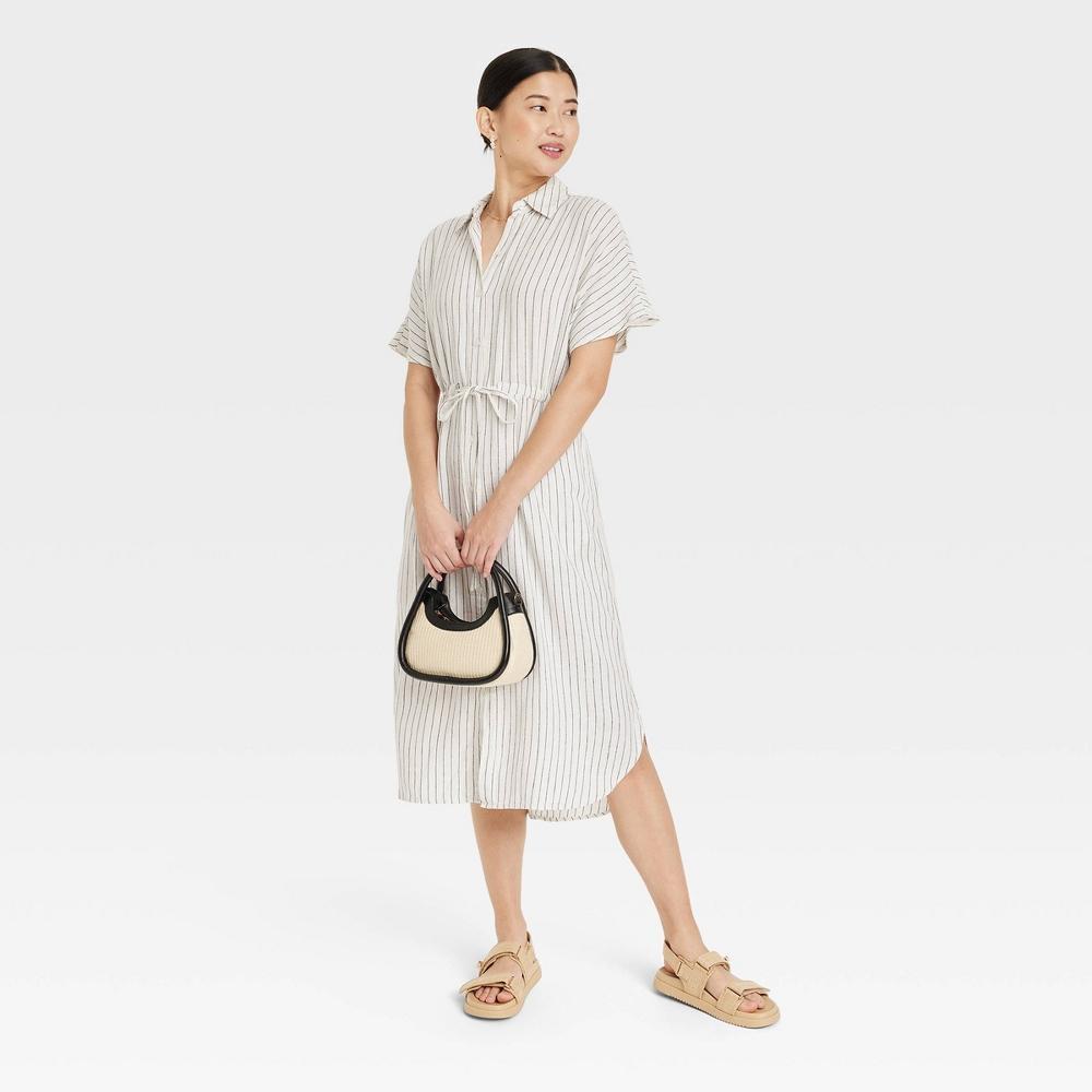 Womens Short Sleeve Linen Midi Shirtdress - A New Day Cream Striped L Product Image