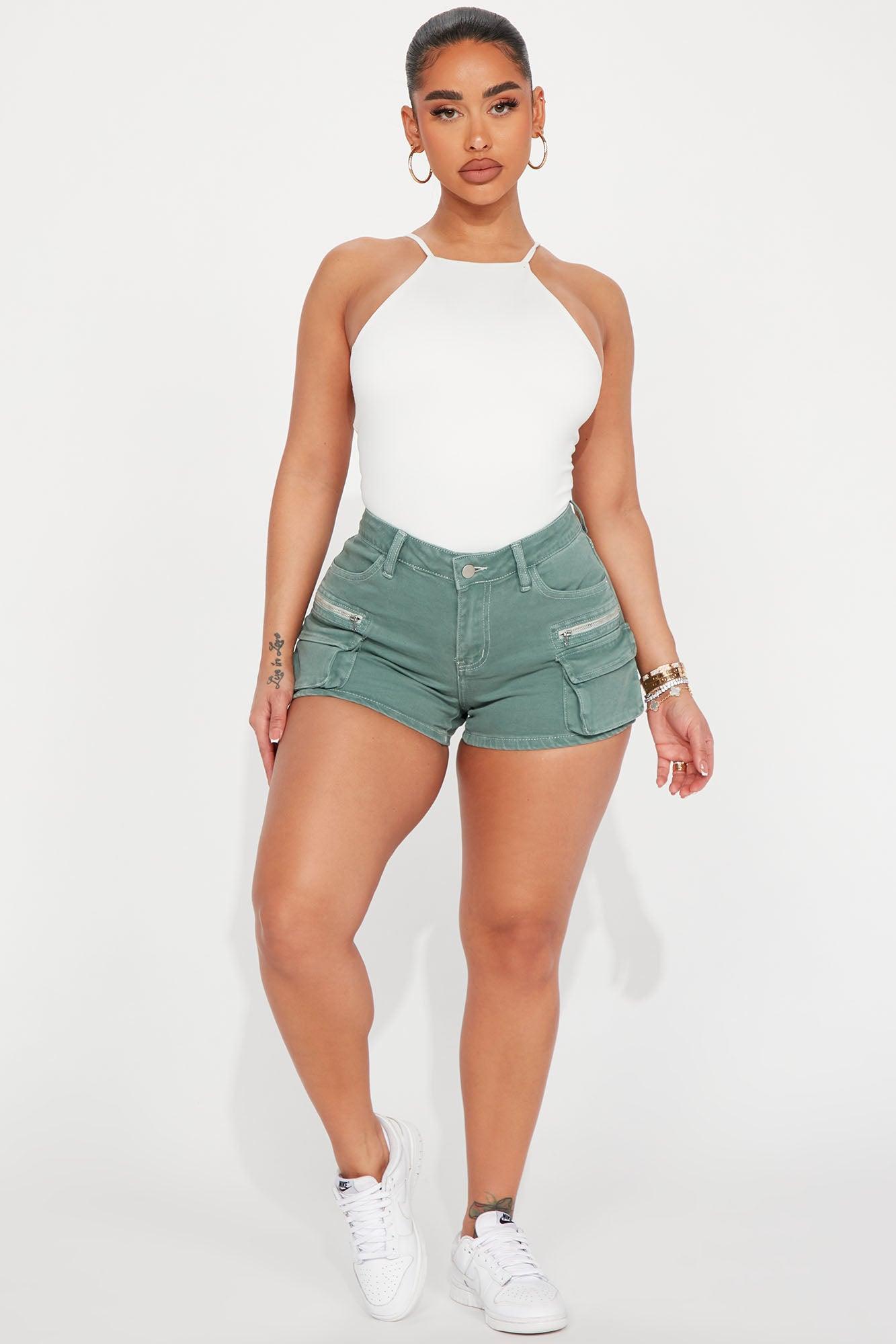 Get Caught Up Stretch Cargo Denim Shorts - Green Product Image