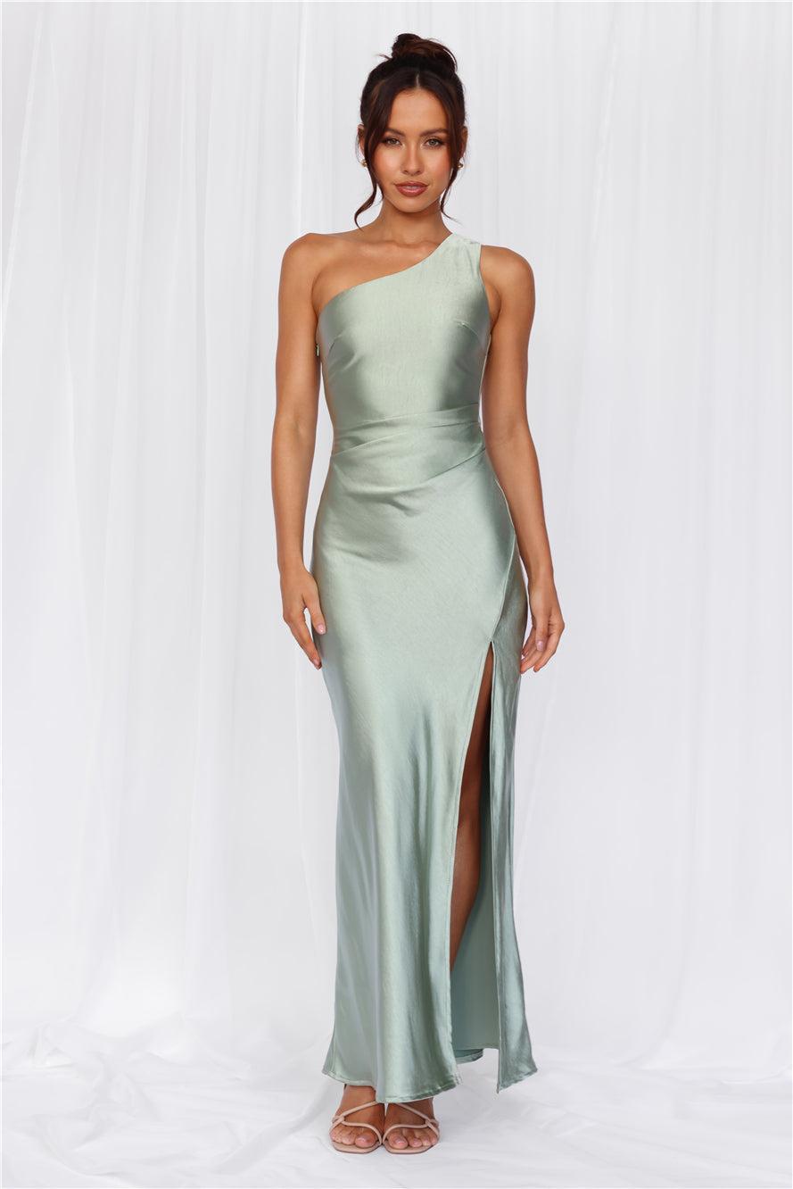 HELLO MOLLY The Aurora One Shoulder Satin Maxi Dress Sage Product Image