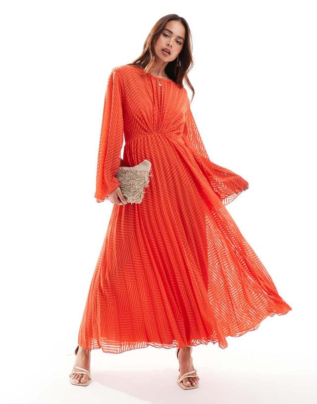 ASOS DESIGN tie back fluted sleeve pleated chevron chiffon midi dress in coral Product Image